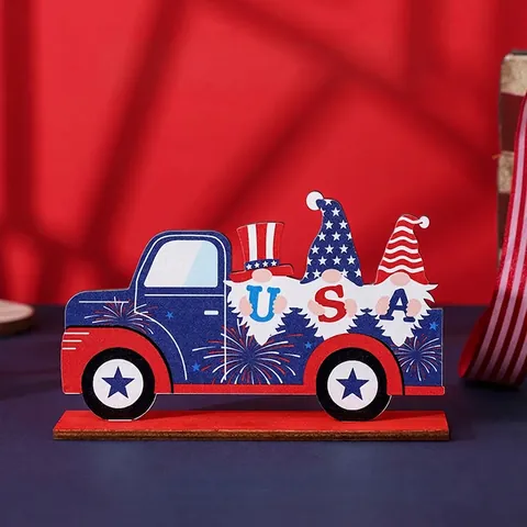 Giorno dell'Indipendenza Americana Ornamento da Tavolo in Legno 4 Luglio USA America Lettere Gnomo Camion Arredamento Desktop