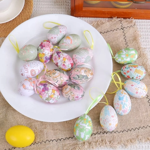 Décorations à Suspendre en Œufs de Pâques en Tissu Imprimé Vintage Ruban Motif Lapin Fleur pour Fête de Printemps