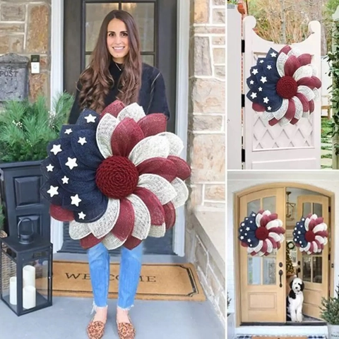 Patriotic Independence Day Wreath Red White Blue Stars Stripes Door Garland Simulation Flower Wreath Home Party Wall Decor