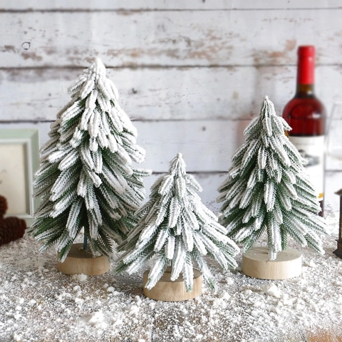 Miniature Christmas Cedar Tree Wood Base Snow Flocked Desktop Pine Tree Ornament For Home Office Holiday Decoration