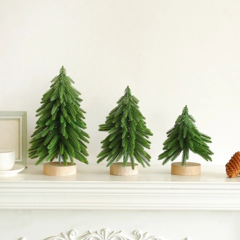 Miniature Christmas Cedar Tree Wood Base Snow Flocked Desktop Pine Tree Ornament For Home Office Holiday Decoration