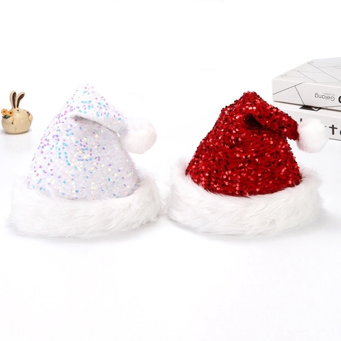 Gorro de Navidad con Lentejuelas Reversibles y Borde de Felpa Blanca Brillante Rojo Blanco Gorra de Fiesta para Adultos Decoración