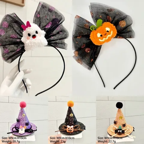 Cerchietto con Fiocco in Rete di Halloween Fantasma Zucca Cappello di Paillettes Forcine Accessori Festa Donna Bambini Gioielli