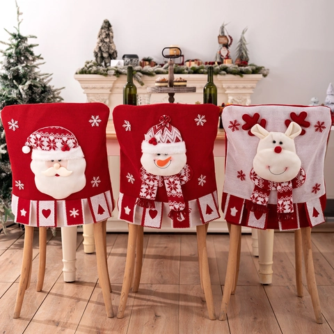 Housses de Chaise de Noël Avec Poupées 3D Père Noël Bonhomme de Neige Renne Tricot Pour Salle à Manger Décoration