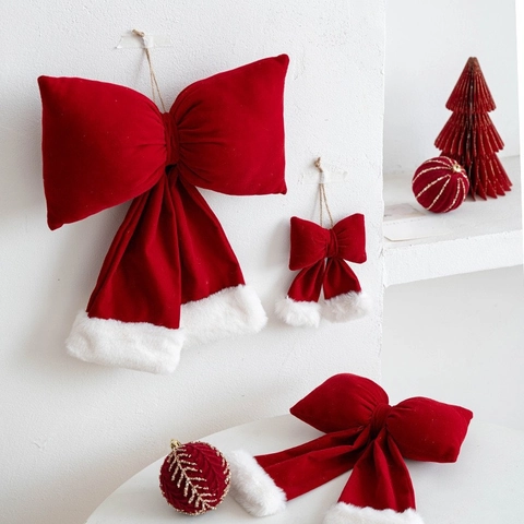 Grand Nœud de Noël en Velours Avec Bord en Fourrure Artificielle Blanche Nœud Décoratif pour Sapin de Noël