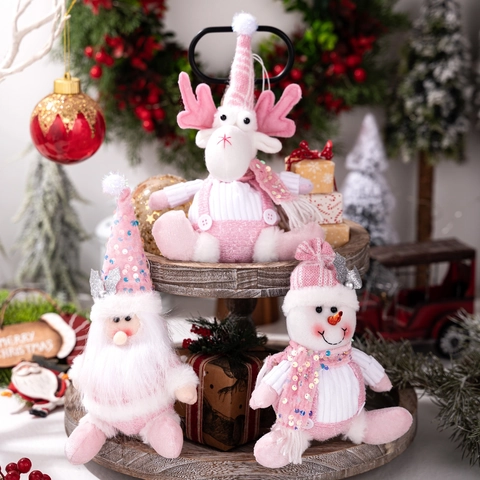 Ciondolo Bambola di Peluche Natalizia con Paillettes Rosa Babbo Natale Pupazzo di Neve Renna Decorazione Pendente per Festa