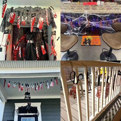 Striscione di Armi Insanguinate di Halloween in PVC Horror Coltello Martello Strumenti Ornamenti Appesi per Oggetti di Scena per Feste in Casa Stregata