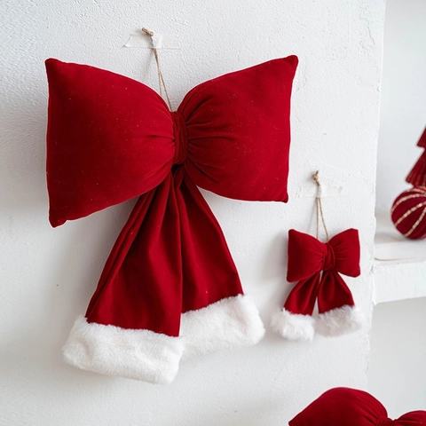 Grand Nœud de Noël en Velours Avec Bord en Fourrure Artificielle Blanche Nœud Décoratif pour Sapin de Noël