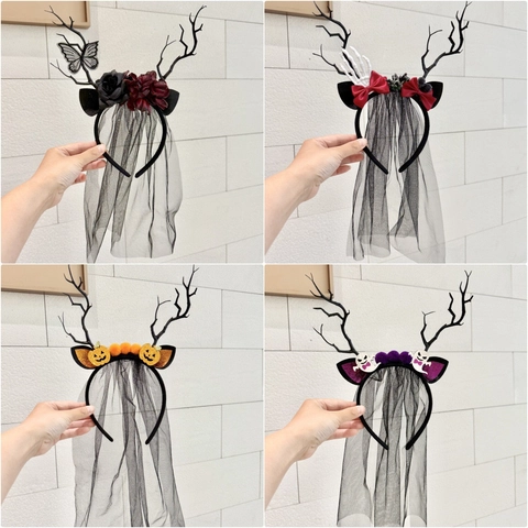 Cerchietto a Corna Gotico di Halloween Con Velo a Rete Rosa Scura Zucca Fantasma Scheletro Teschio Accessori Capelli Donna