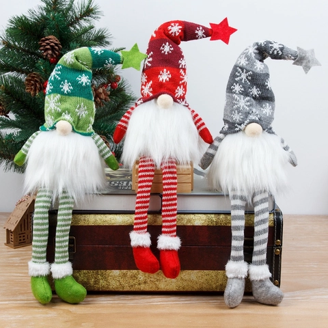 Gnome de Noël Lumineux Poupée en Peluche Sans Visage Rudolph Ornement Jambes Longues Avec Bonnet en Tricot Rayé LED