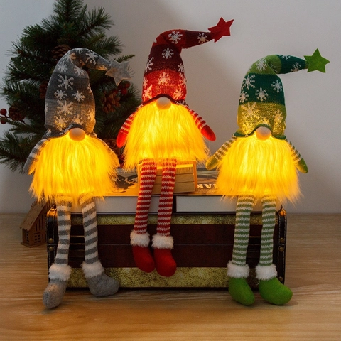 Gnome de Noël Lumineux Poupée en Peluche Sans Visage Rudolph Ornement Jambes Longues Avec Bonnet en Tricot Rayé LED