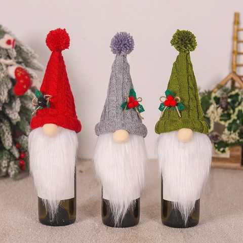 Christmas Wine Bottle Covers Knitted Gnome Faceless Doll Wine Bottle Bag Reindeer Rudolph Decoration For Xmas Party Dining Table Decor