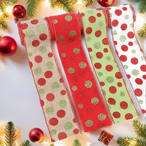 Festive Christmas Tree Decoration Glitter Polka Dot Faux Linen Wired Edge Ribbon For DIY Gift Wrapping Holiday Party Decor