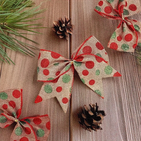 Festive Christmas Tree Decoration Glitter Polka Dot Faux Linen Wired Edge Ribbon For DIY Gift Wrapping Holiday Party Decor
