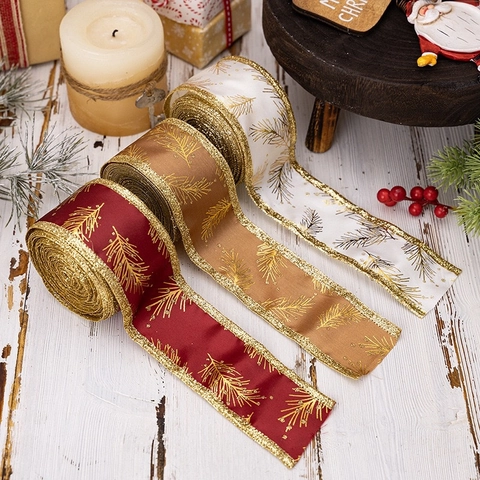 Nastro Glitterato Natalizio Con Motivo ad Aghi di Pino Dorati Bordo Cablato Per Confezioni Regalo Festive Decorazioni Fai da Te