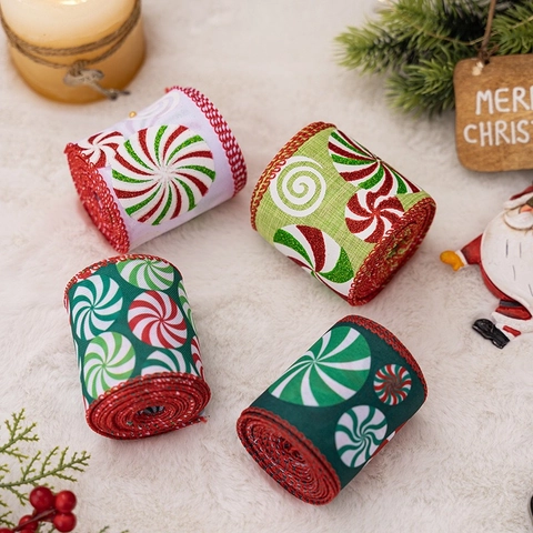 Nastro di Natale Stampa Peppermint Swirl Bordo Cablato Brillantini Tessuto Juta per Confezioni Regalo Decorazione Festività Fiocchi DIY