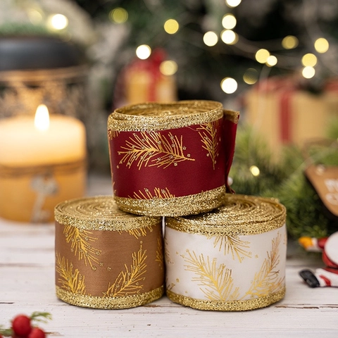 Nastro Glitterato Natalizio Con Motivo ad Aghi di Pino Dorati Bordo Cablato Per Confezioni Regalo Festive Decorazioni Fai da Te