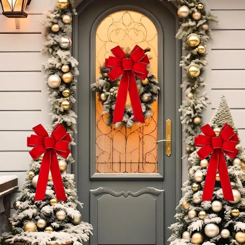 Grande Fiocco di Natale in Velluto Rosso Con Bordi Dorati Ornamento Sospeso in Nastro Floccato per Albero di Natale Porta