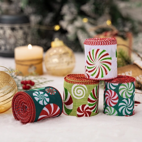 Nastro di Natale Stampa Peppermint Swirl Bordo Cablato Brillantini Tessuto Juta per Confezioni Regalo Decorazione Festività Fiocchi DIY