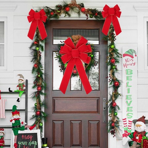 Grande Fiocco di Natale in Velluto Rosso Con Bordi Dorati Ornamento Sospeso in Nastro Floccato per Albero di Natale Porta