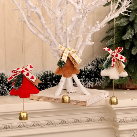 Plush Christmas Tree Ornaments With Bell Heart Bowknot Kraft Tag Xmas Hanging Decorations For Home Holiday Party Traditional Festival Ornament