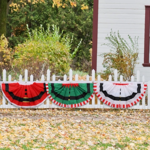 Weihnachten Plissee Fächerflagge Bunting Für Außen Zaun Deko Polyester Weihnachtsmann Elf Karo Muster Halbkreis Banner Mit Metallösen