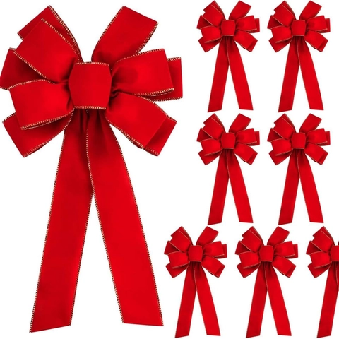 Christmas Decorative Bow Large Red Velvet Gold Edged Ribbon For Wreaths Xmas Tree Topper Party Ornaments