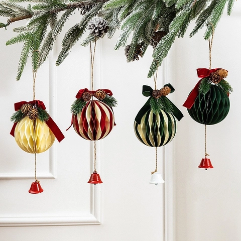 Christmas Honeycomb Paper Bell Hanging Ornament Xmas Tree Decoration With Velvet Bow Pine Cone Metal Bell Retro Festive Party Decor