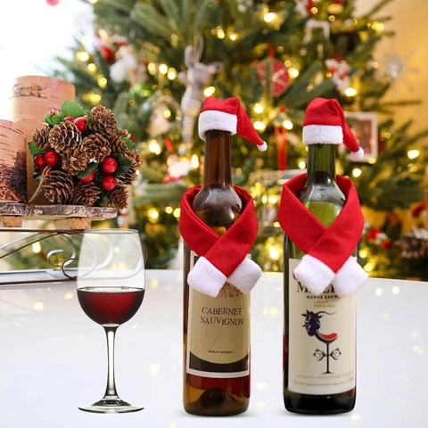 Ensemble de Décoration de Bouteille de Vin de Noël Mini Bonnet et Écharpe de Noël Non Tissé pour Table de Fête