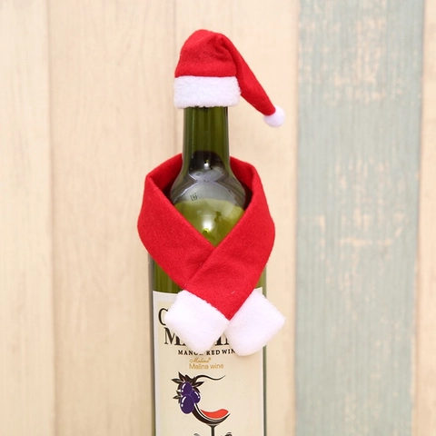 Ensemble de Décoration de Bouteille de Vin de Noël Mini Bonnet et Écharpe de Noël Non Tissé pour Table de Fête