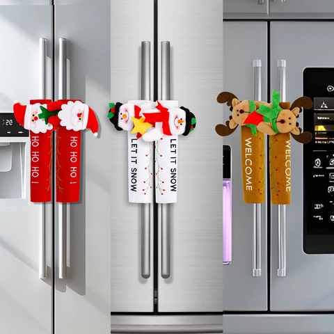 Fundas para Manijas de Puerta de Refrigerador de Navidad Papá Noel Muñeco de Nieve Reno Decoración Festiva Funda de Protección de Tela Bordada Ornamento