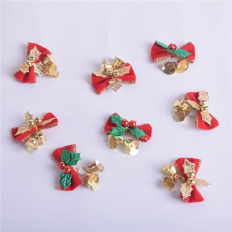 Mini Fiocchi di Natale Con Campane in Metallo Foglie di Agrifoglio Rosso Verde Scozzese Tessuto Fiocchetto per Decorazione Albero di Natale Ghirlanda