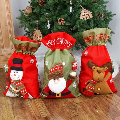 Large Christmas Gift Drawstring Bags Santa Claus Reindeer Snowman 3D Applique Festive Candy Sack Holiday Party Decor