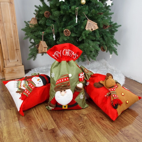 Large Christmas Gift Drawstring Bags Santa Claus Reindeer Snowman 3D Applique Festive Candy Sack Holiday Party Decor