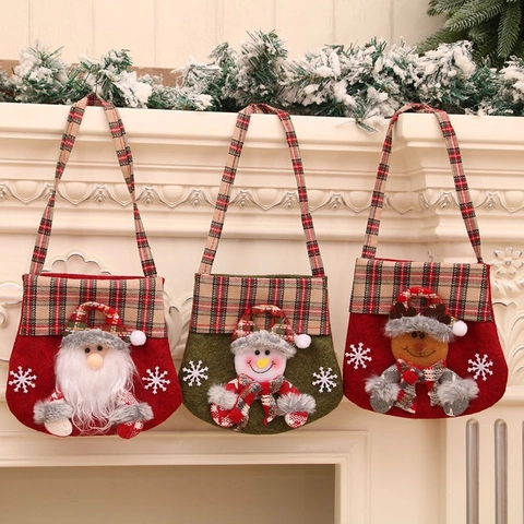 Borsa Regalo di Natale a Cartoni Animati in Flanella a Quadretti Babbo Natale Pupazzo di Neve Renna Sacchetto Caramelle