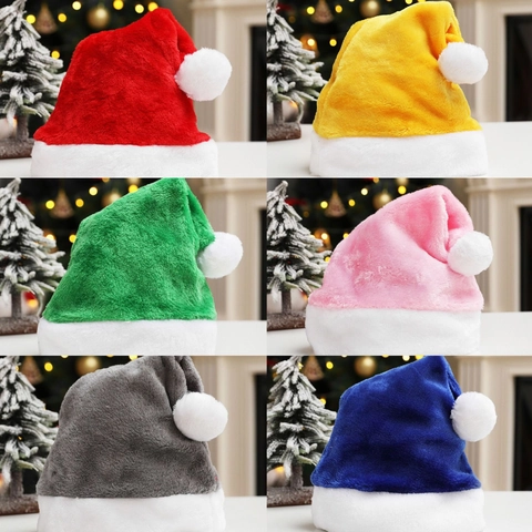 Bonnet de Noël en Peluche Coloré pour Adultes Bonnet de Père Noël en Velours Douce pour Décoration de Fête de Vacances Rouge Vert Bleu Rose Gris Noir Violet Jaune