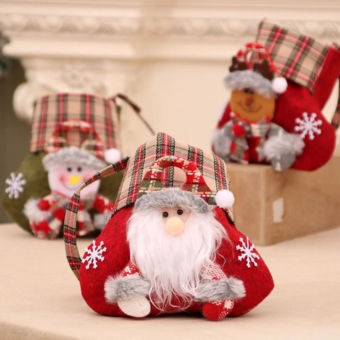 Borsa Regalo di Natale a Cartoni Animati in Flanella a Quadretti Babbo Natale Pupazzo di Neve Renna Sacchetto Caramelle