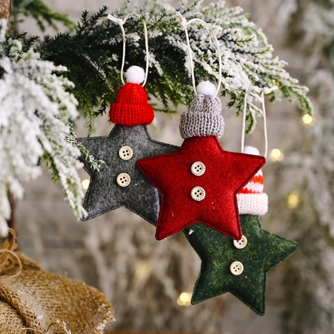 Christmas Tree Star Hanging Ornaments Non-woven Felt Decoration With Knitted Hat Wooden Button Holiday Home Party Decor