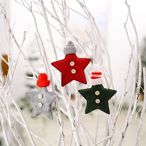 Christmas Tree Star Hanging Ornaments Non-woven Felt Decoration With Knitted Hat Wooden Button Holiday Home Party Decor