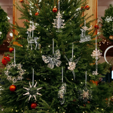 Transparente Acryl Weihnachtsbaumschmuck Goldene Pailletten Rentier Stern Schneeflocke Schmetterling Ballett Tänzer Anhänger
