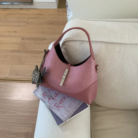 Women's Niche Design PU Leather Hobo Crossbody Bag Half Moon Shoulder Bag With Metal Piston Buckle And Horse Charm Handbag