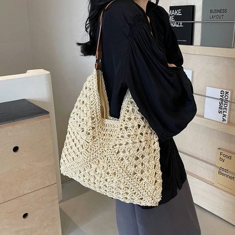 Sac Fourre-tout en Paille Tissée Ajourée pour Femme Grande Capacité Sac à Épaule Plage Été Vacances Sac à Main avec Bandoulière PU
