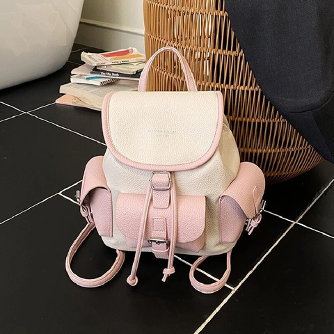 Mochila con Cordón Ajustable de Bloques de Color Retro para Mujer Gran Capacidad de Cuero Sintético Bolsa de Viaje Escolar Moda