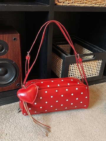 Damen Polka Dot Barrel Unterarmtasche Vintage Kunstleder Schultertasche Mit Herzanhänger Quaste Handtasche Für Den Alltag