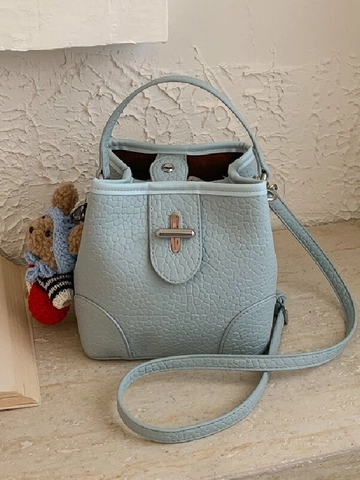 Retro Minimalist Pebbled Synthetic Leather Bucket Bag With Teddy Bear Pendant Women Shoulder Crossbody Commute Handbag