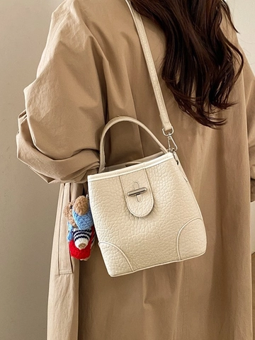 Retro Minimalist Pebbled Synthetic Leather Bucket Bag With Teddy Bear Pendant Women Shoulder Crossbody Commute Handbag