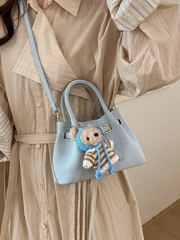 Women Retro Synthetic Leather Shoulder Bag Small Crossbody Bucket Bag With Bear Pendant Minimalist Fashion Handbag For Daily