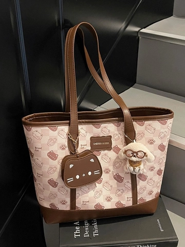 Sac Cabas en Cuir Synthétique de Grande Capacité Avec Motif Chat et Damier Sac à Épaule pour Étudiantes Femmes