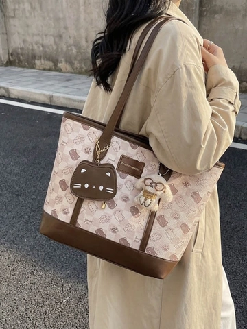 Sac Cabas en Cuir Synthétique de Grande Capacité Avec Motif Chat et Damier Sac à Épaule pour Étudiantes Femmes