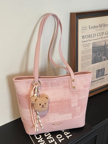 Bolso Tote de Gran Capacidad de Lona y Cuero Sintético para Mujer Bolso de Hombro de Moda con Colgante de Oso de Peluche Bolso de Mano Casual